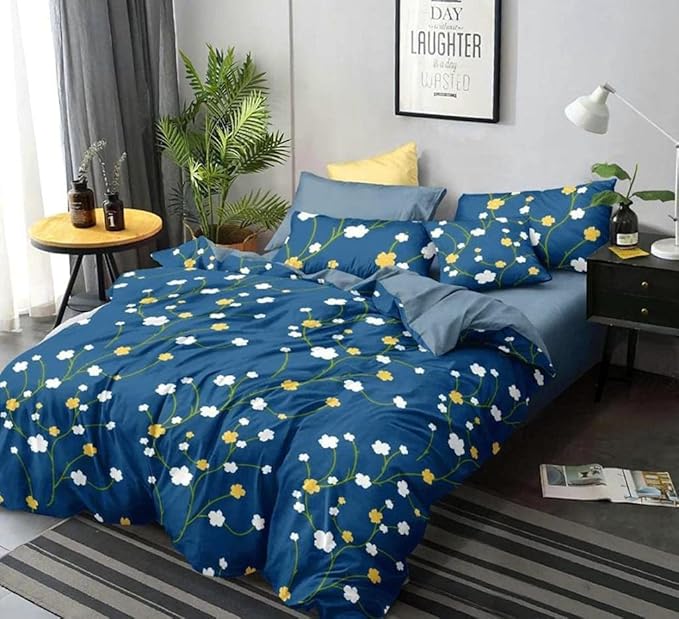Decomizer Soft Glace Cotton King Size AC Blanket 1 Flat Bedsheet and 2 Large Pillow Covers Blue Yellow Colour