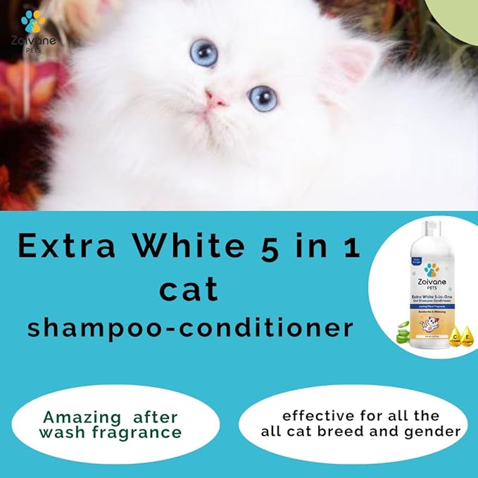 Zoivane 5 in 1 Extra White Cat Shampoo With Conditioner 500 Ml | Reduces Hair Fall | Enhances Coat Brightness | Pack of 2