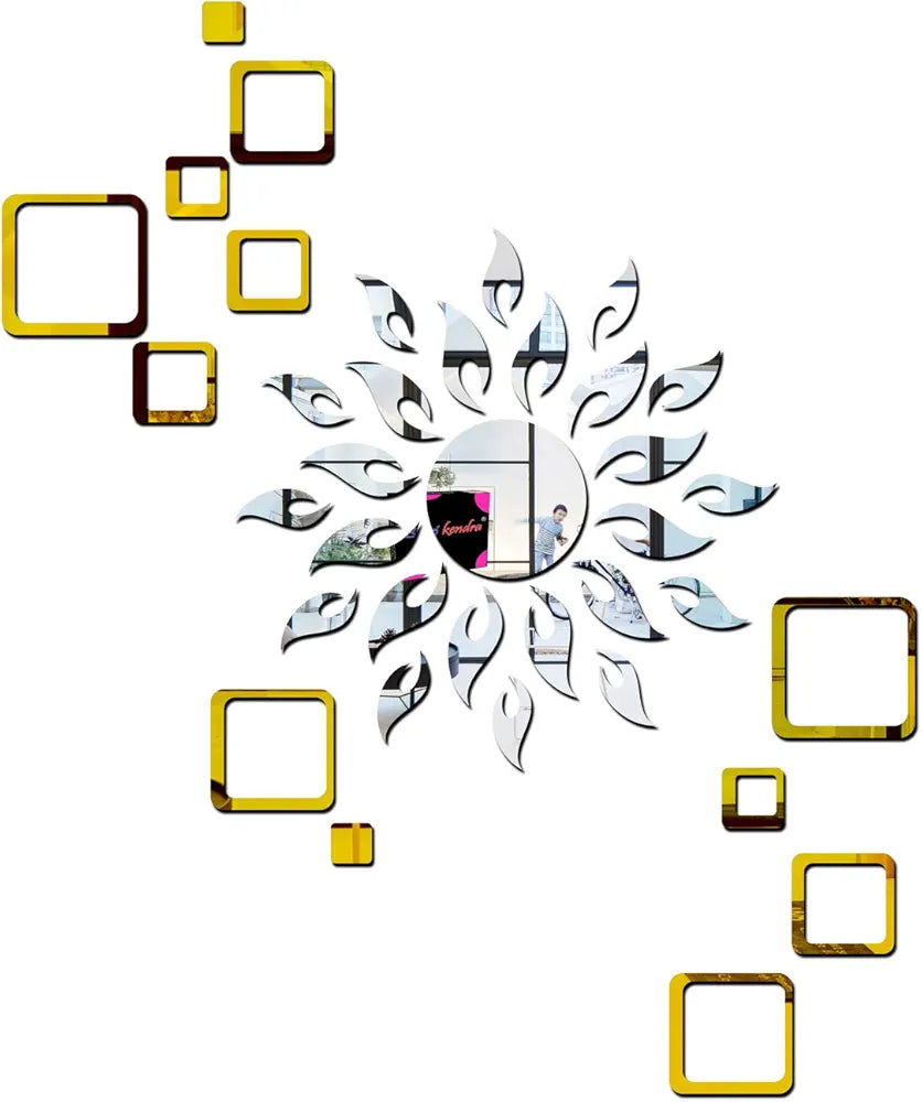 Bikri Kendra Sun Silver with 12 Square Golden 3D Mirror Wall Stickers