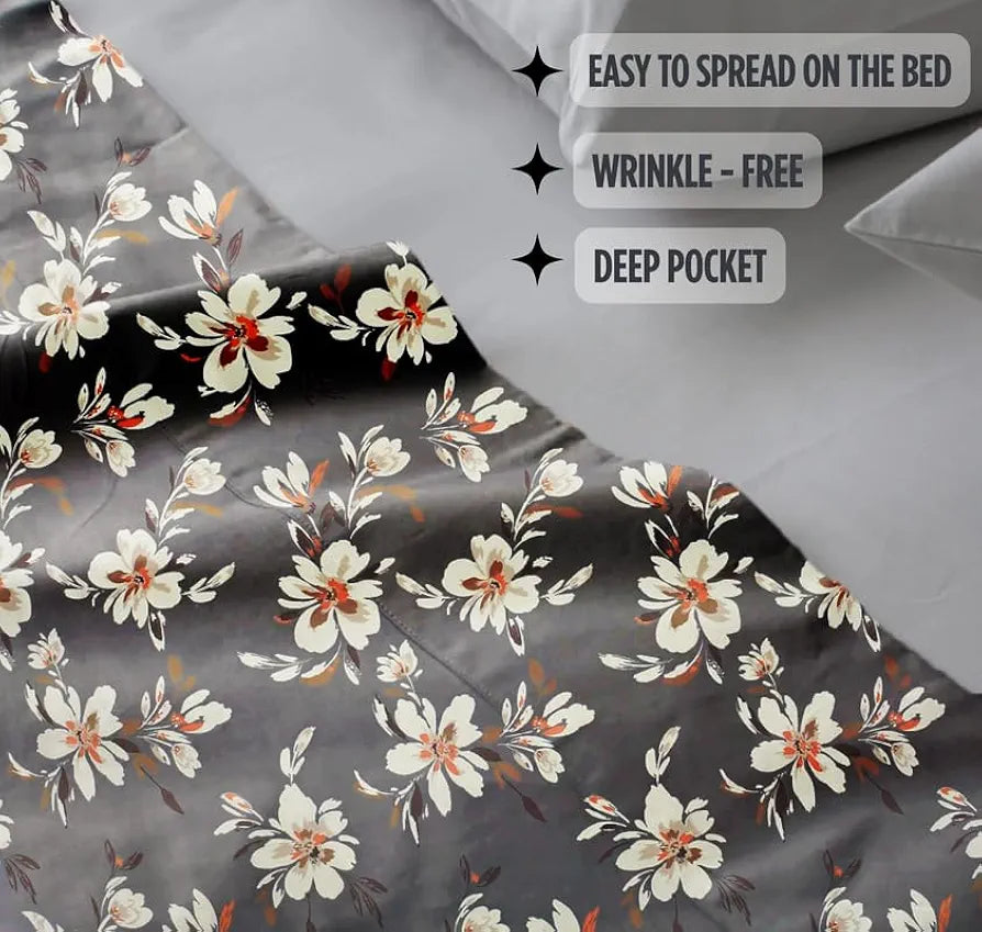 HomeKart Floral Printed Cotton Feel Double Bedsheet with 2 Pillow Covers 200 Tc Soft Premium Printed Bedsheet for Home Bedroom Dark Grey