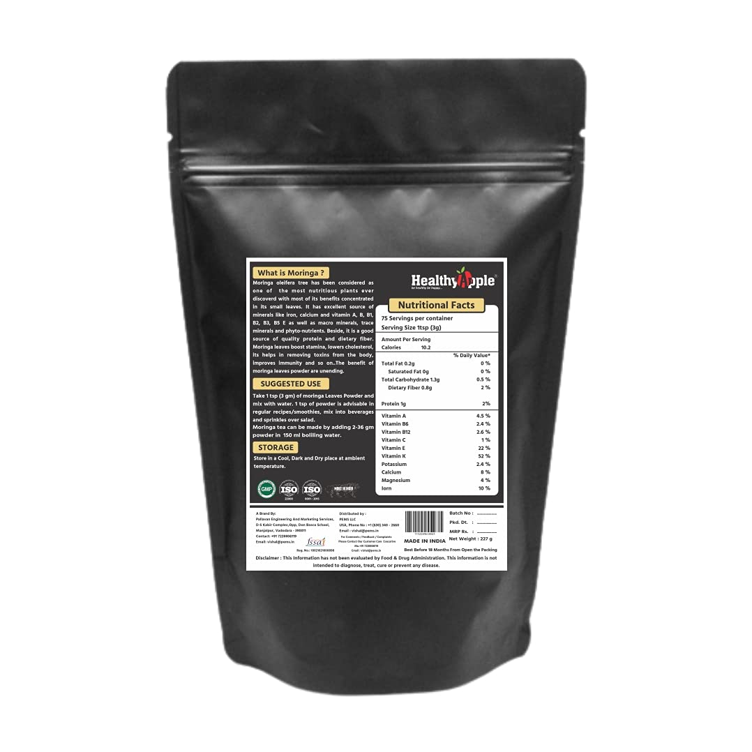 Healthy Apple Moringa Powder Organic (Moringa Oleifera Leaf Powder), 227 gm (16 Ounce), Sun Dried and Vegan Friendly