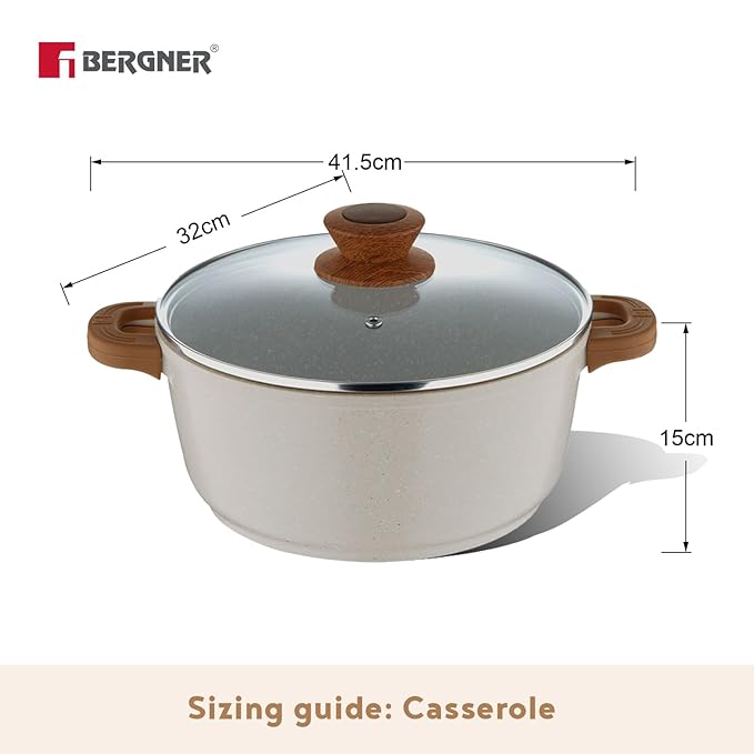 Bergner Naturally Diecast Nonstick 32 Cm Casserole With Glass Lid, 9 L Capacity