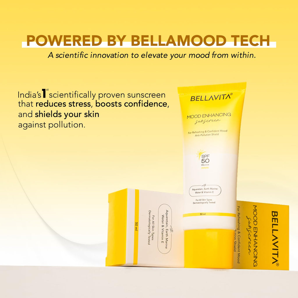 BELLAVITA Sunscreen SPF 50, Mood Enhancing Sunscreen, PA++++, Non-Greasy, No White Cast | Broad Spectrum & UVA+UVB Protection | For Men & Women- 50 ML