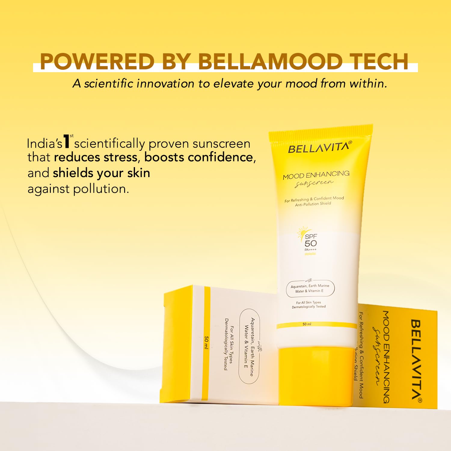 BELLAVITA Sunscreen SPF 50, Mood Enhancing Sunscreen, PA++++, Non-Greasy, No White Cast | Broad Spectrum & UVA+UVB Protection | For Men & Women- 50 ML
