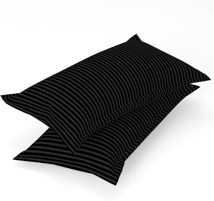 Homefab India 160 TC Stripe Cotton Feel Glace Cotton Elastic Fitted King Size Double Bed Bedsheet with 2 Pillow Covers Fits Upto 6 inches Mattress Black
