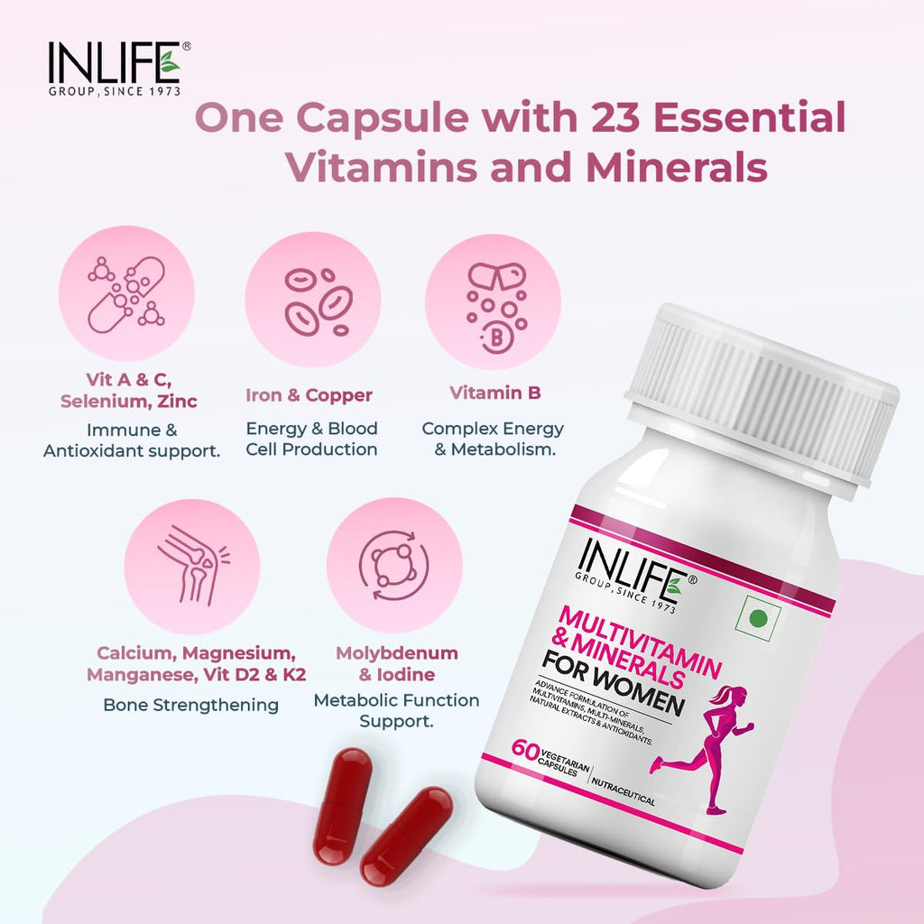 INLIFE Multivitamin for Women with Biotin, Vitamin D, Calcium, & Minerals for Energy, Hair, Skin, Nails, Bone - 60 Veg Capsules (Women)