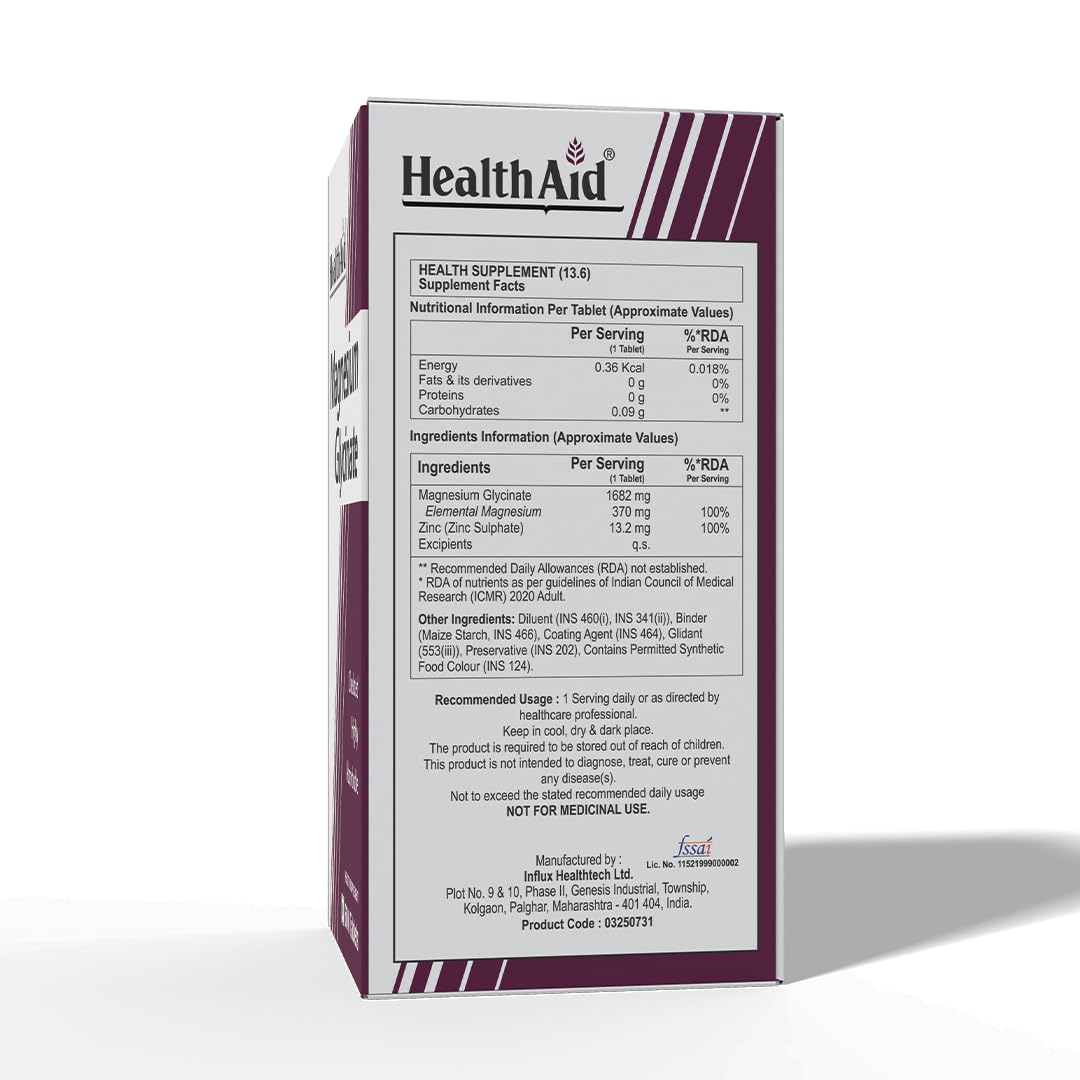 HealthAid Chelated Magnesium Glycinate with Zinc (1682 mg) – Magnesium Supplement for Muscle Recovery, Sleep Support, Cramps Relief & Nerve Health | Promotes Brain Health – 60 Veg Tablets