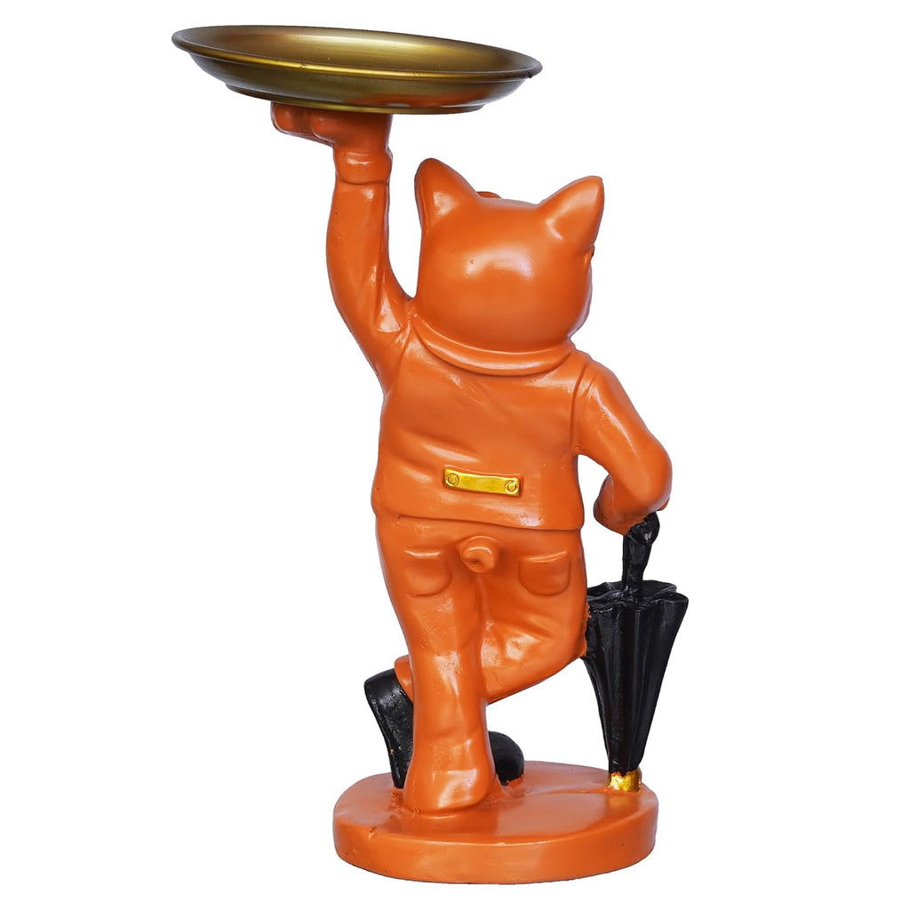 Ecraftindia Orange Bulldog Statue in Glasses Holding Black Umbrella and Tray in Hands Table Top Decorative Showpiece