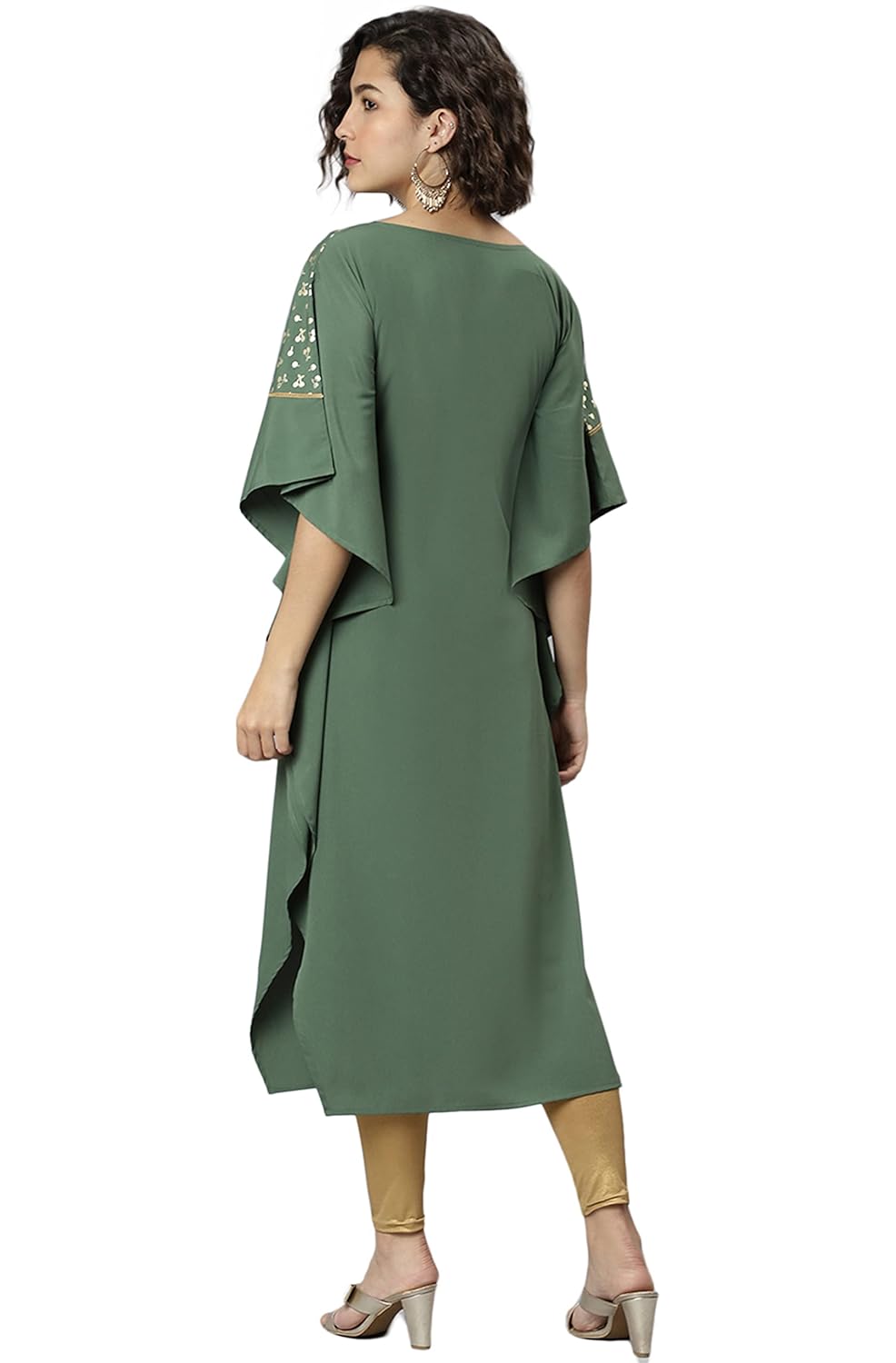 Janasya Women's Green Poly Crepe Printed Kaftan