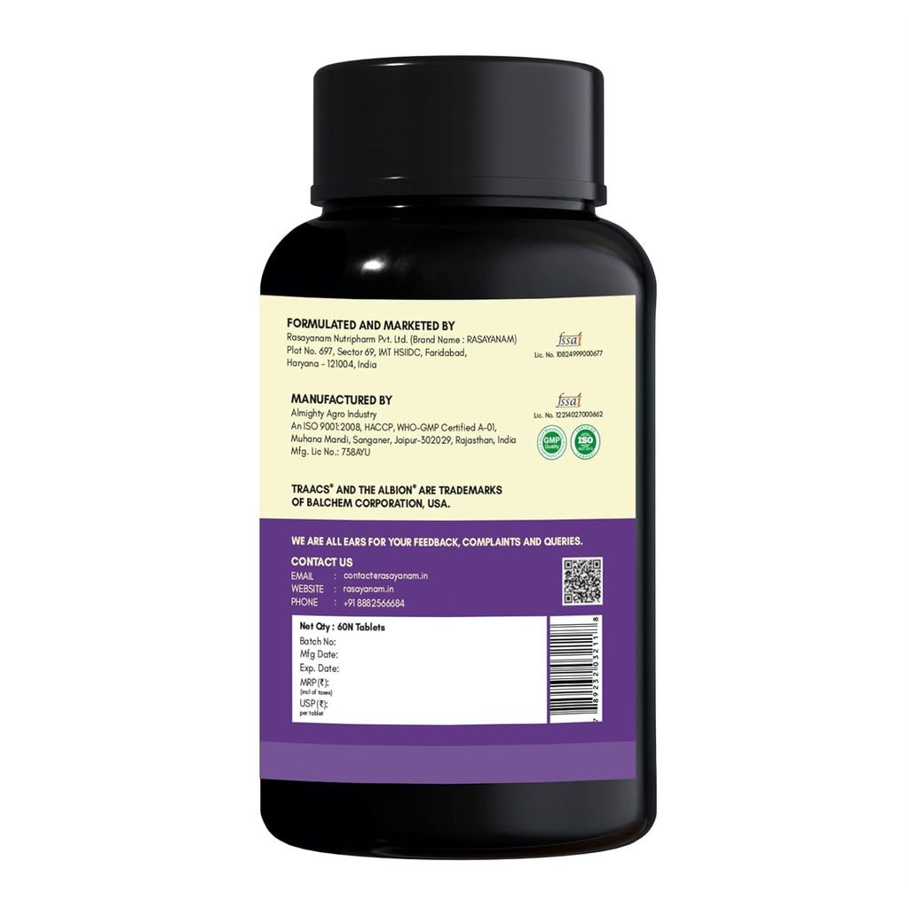 Rasayanam Chelated Magnesium Glycinate (2445 mg) - 60 Tablets | 440 mg Elemental Magnesium | High Absorption Magnesium Supplement | Supports Sleep, Relaxation & Muscle Recovery | Patented TRAACSÂ®