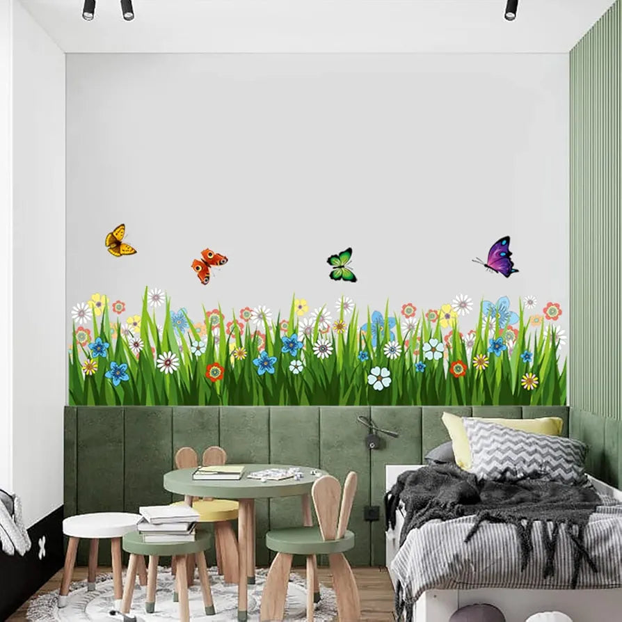 Rangoli Walking in The Garden Flower Wall Sticker New Modern Art Butterflies Flying Over Grass Large Reusable Self-Adhesive Sticker