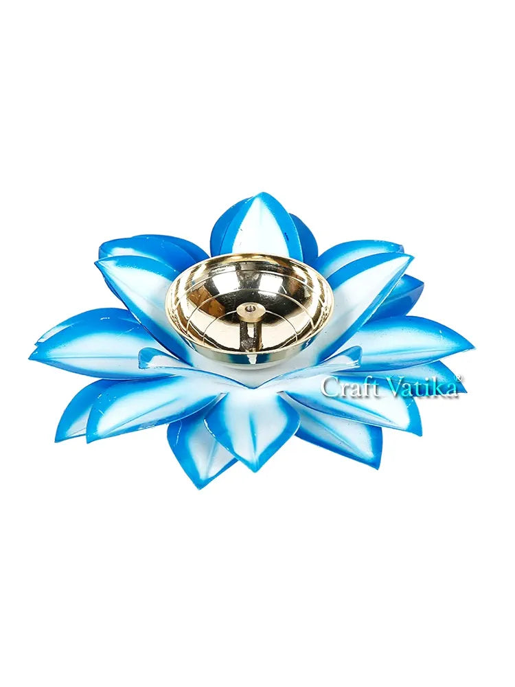 Brass Diya Oil Lamp Stand Lotus Kamal Patti Diyas Sky Blue