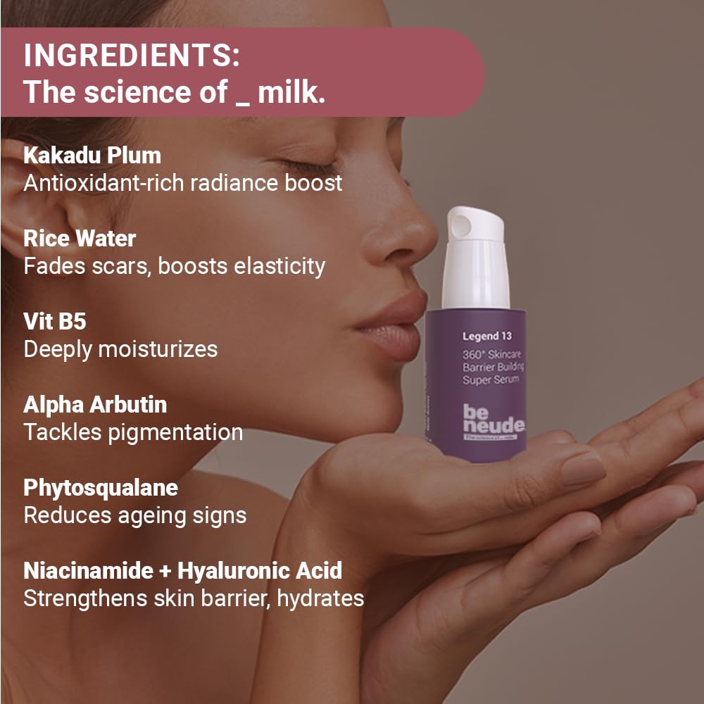 Be Neude Legend 13 Super Face Serum 30ml with 3x Ceramides, Lactobacillus Ferment, Alpha Arbutin, Rice Water, 13 Multiactives for Barrier Building Re-texturing & Hydration, pH 5.5, for All Skin Types