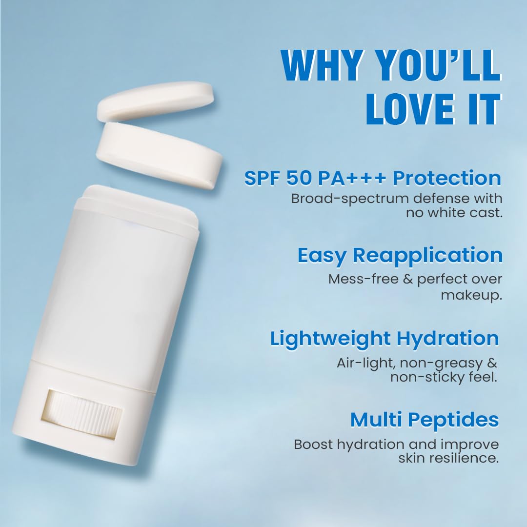 Glamveda Hyaluronic Invisible Sunscreen Stick SPF-50 PA+++ | Blue Light Filter, Hydration with Hyaluronic Acid & Ceramides | Dewy Finish, Easy Application | UVA/UVB Protection | for Men & Women | 20g
