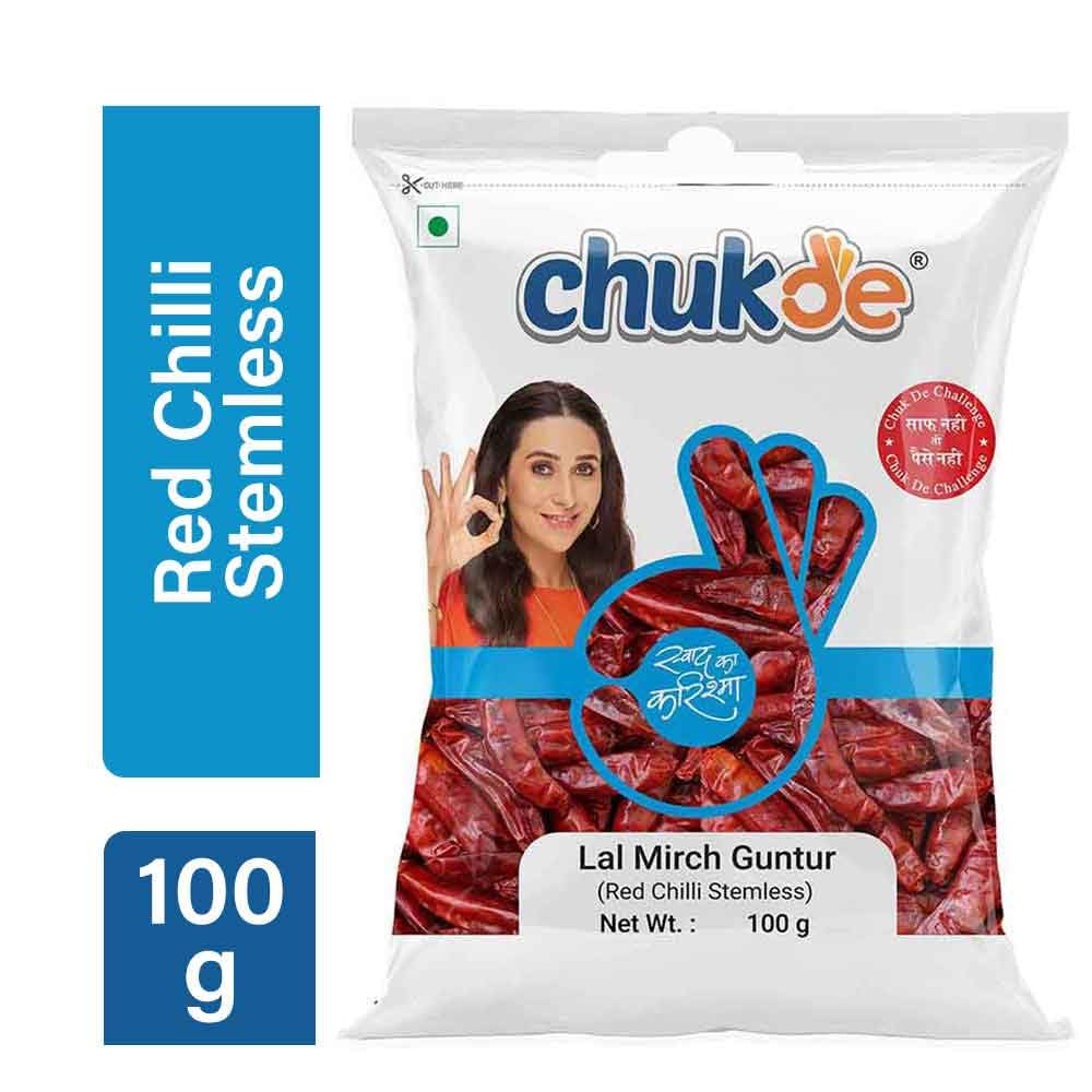 Chukde Lal Mirch Sabut Guntur, Chilli Stemless Whole Spices, 100g