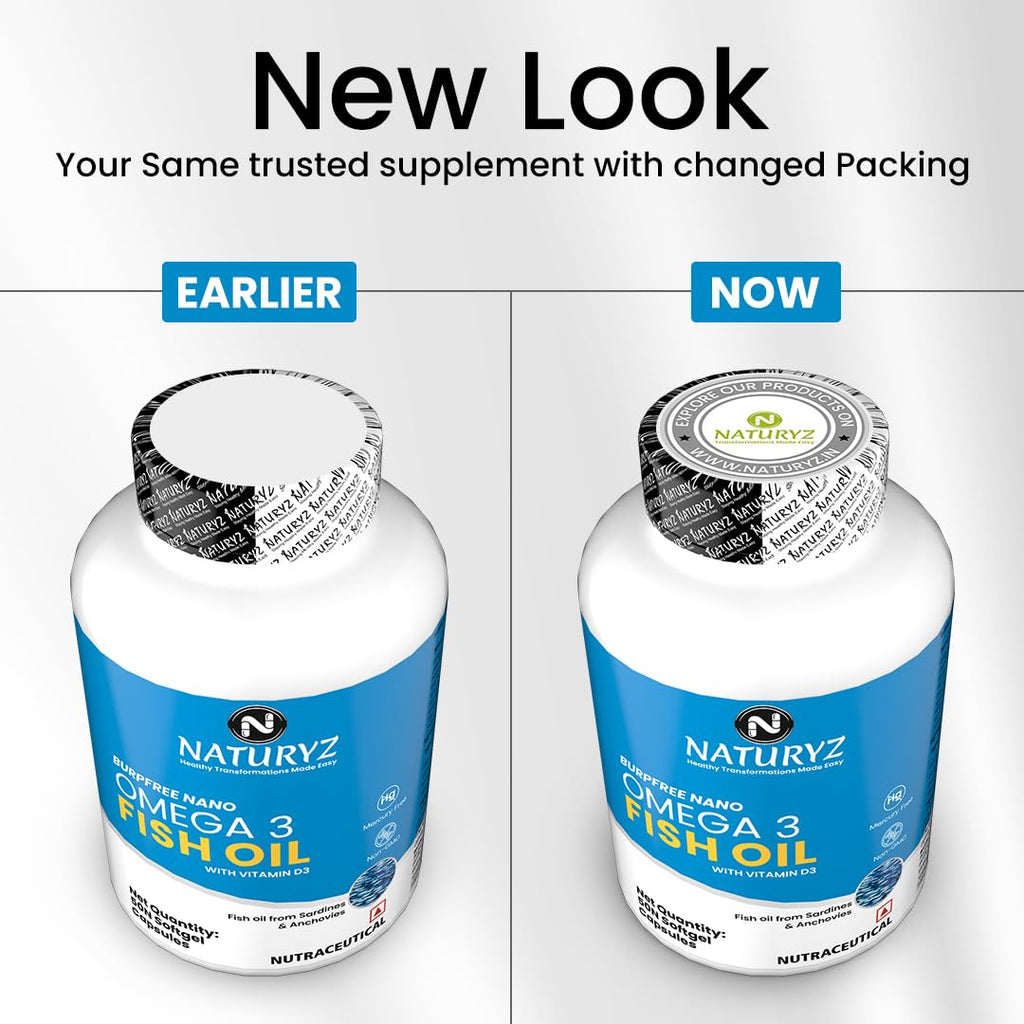Naturyz Burpfree Omega 3 Fish Oil 2000 Mg With Vitamin D3,No Fishy Burps,Extracted From Sardines & Anchovies,Epa & Dha,Nano Emulsion Capsules For Faster Absorption-60 Softgels