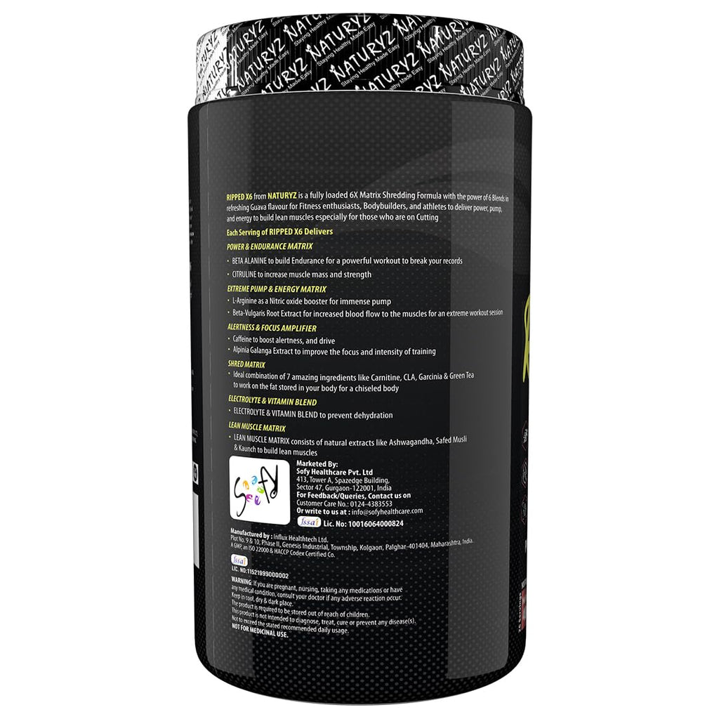 Naturyz Ripped X6 Pre Workout With Highest 24 Nutrients For Extreme Pump,Power,Endurance,Energy,Focus, For Fitness Enthusiasts,Athletes & Bodybuilders- 400 grams (Guava Flavour) - Powder, 1 count