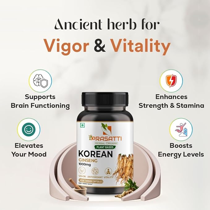Prasatti Herbal Organic Korean Ginseng 1000 Mg 90 Veg Capsules