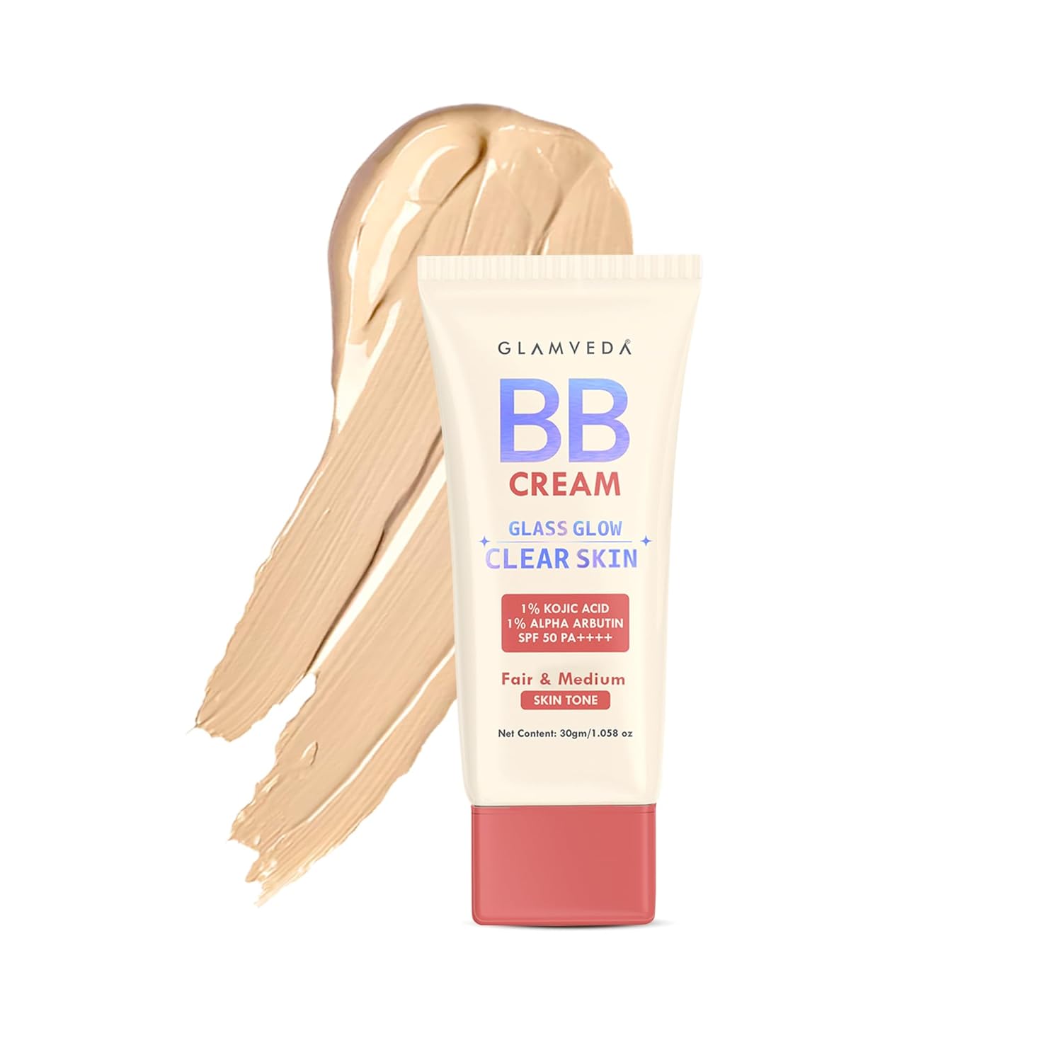Glamveda BB Cream Lightweight Foundation | Fair & Medium Skin Tone BB Cream for Women With SPF 50++++ | Instant Spot Coverage | Light Make-up Glow | Non-Sticky & Waterproof | Colour Correction - 30g