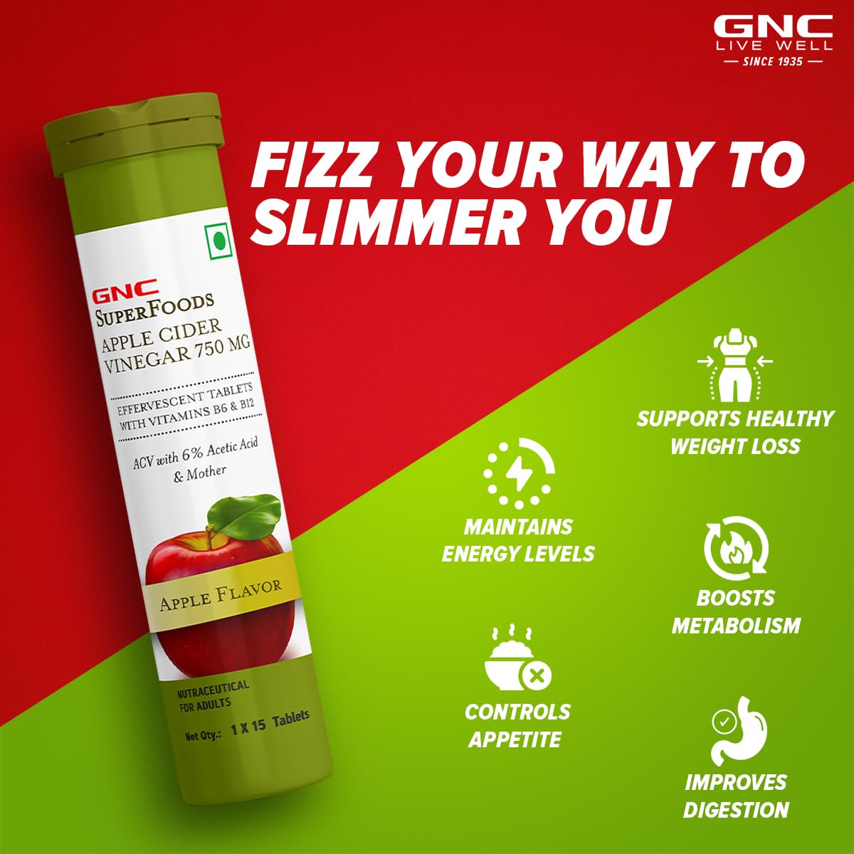 GNC Apple Cider Vinegar Effervescent Tablets | 750mg ACV With The Mother | Supports Weight Loss | Healthy Gut & Digestion | With 6% Acetic Acid, Vitamin B6 & B12 | Apple Flavor - 15 Tablets