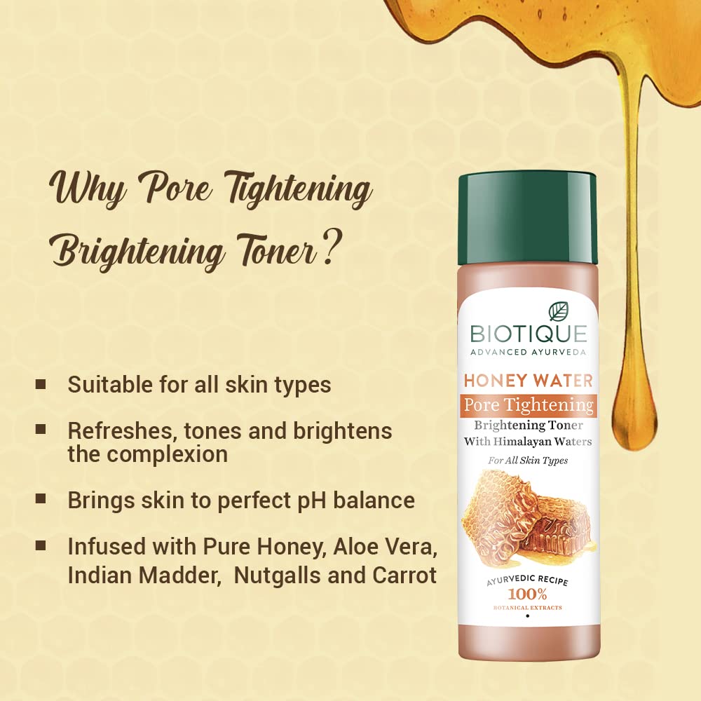 Biotique Honey Water Pore Tightening Brightening Toner with Himalayan Waters |Maintains pH Balance| Moisturized and Hydrated Skin | |100% Botanical Extracts| Suitable for All Skin Types | 120ml