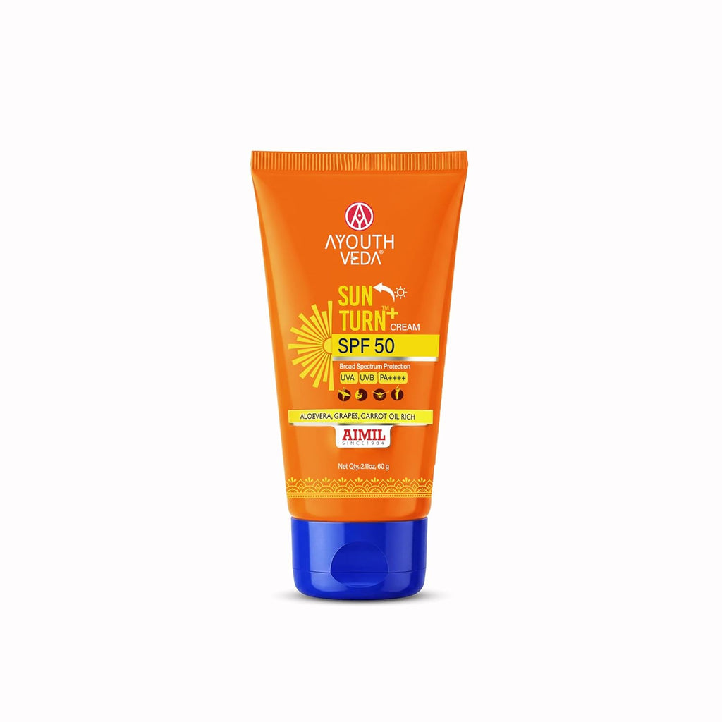 Ayouthveda Sun Turn+ SPF 50 PA++++ Sunscreen | Broad Spectrum UV & Blue Light Protection for Face & Body with Hyaluronic Acid | Hydrating Anti-Aging Formula | Non-Greasy & Water-Resistant | 60g (Pack of 1)