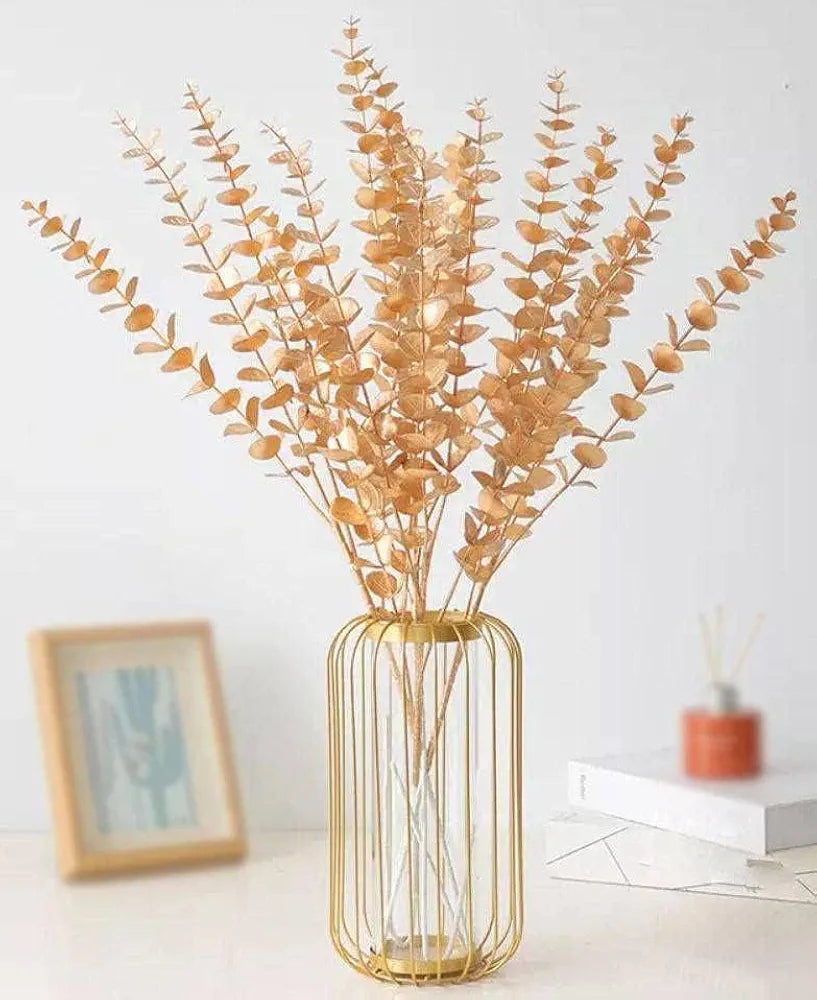 Plastic Artificial Flowers For Decoration Flower Bunch Long Size Eucalyptus Gingko Stick Stem Golden 85 Cm Height