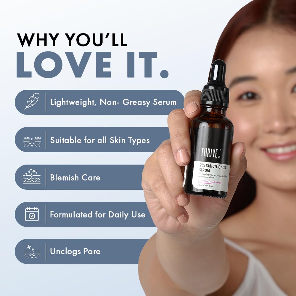 ThriveCo 2% Salicylic Acid Face Serum | Helps Reduce Acne & Blackheads | Controls Oil & Unclogs Pores | Exfoliating Serum for Oily & Acne-Prone Skin | 30 ml