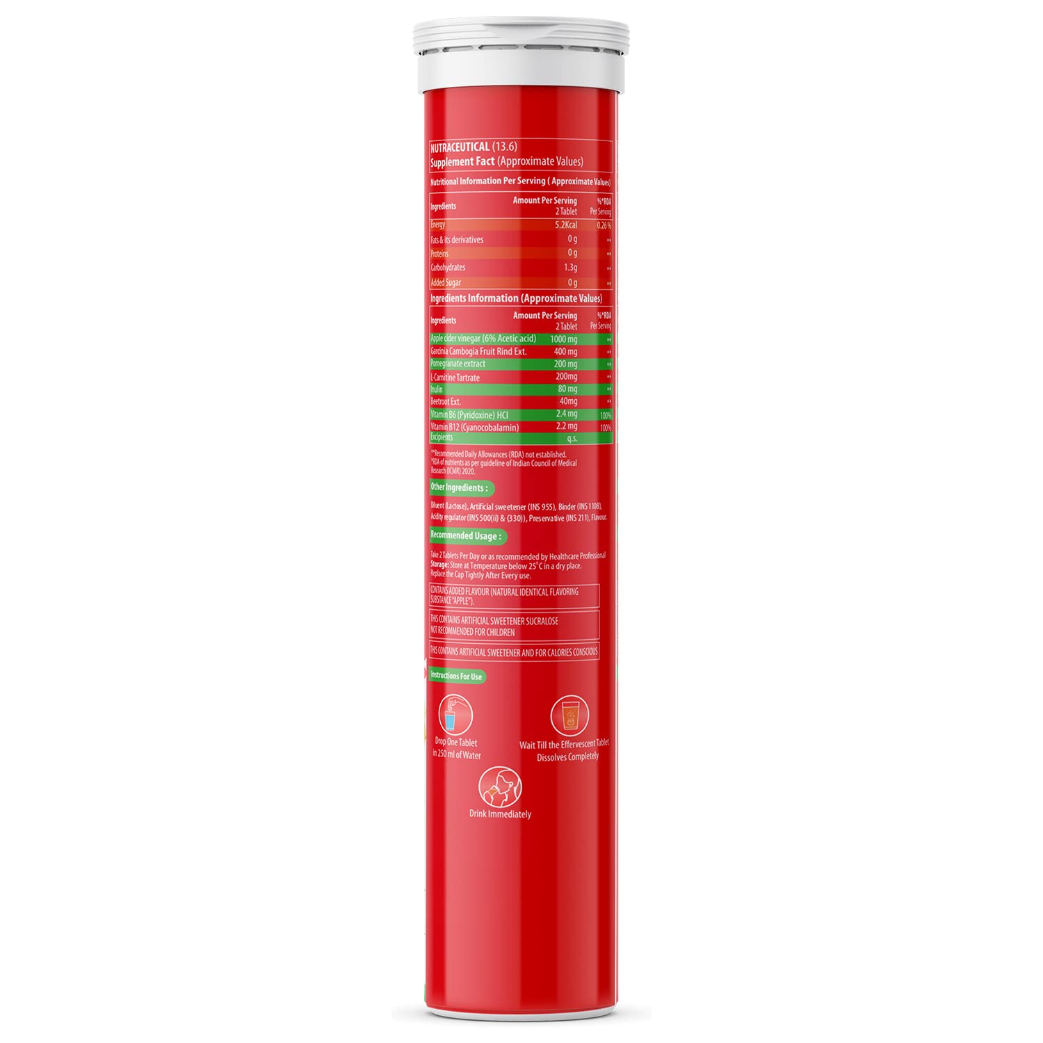 Naturyz Apple Cider Vinegar Effervescent with L Carnitine, Garcinia cambogia | Control Cravings | Beetroot for Detox & Energy| Immunity | Inulin Fibre Supports Digestion | Gluten-Free | No Maltodextrin & No Added Sugar | Vegan - 20 tablets (Apple Flavour)