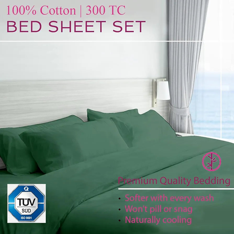 Trance Home Linen Premium 300 TC Pure 100% Cotton Queen Fitted Bedsheet with 2 Pillow Covers Colour Aqua Green