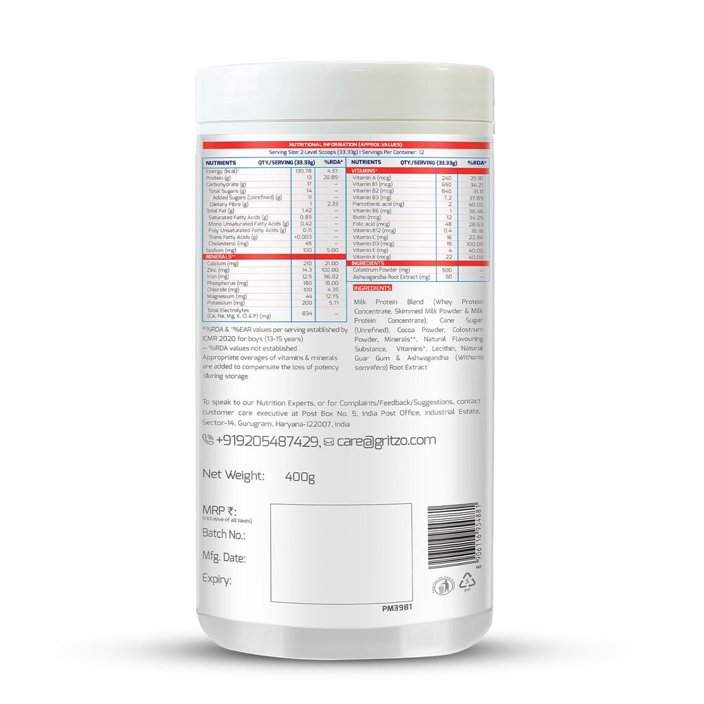 Gritzo SuperMilk Height+ (13+y Boys), 13g Protein Powder (Double Chocolate, 400g) | Zero Refined Sugar, 21 Vitamins & Minerals