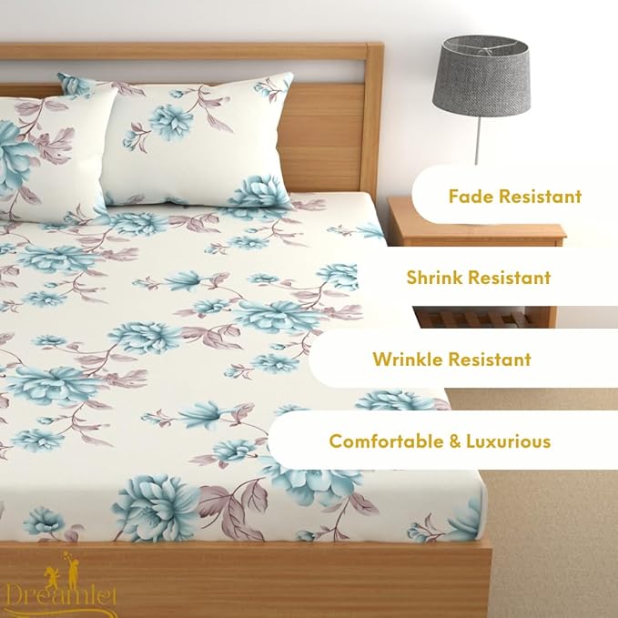 Dreamlet 180tc Cotton Feel All Around Elastic Fitted Bedsheets for Double Bed With 2 Pillow Covers | Off White & Blue