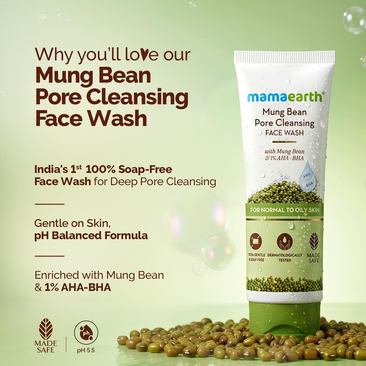Mamaearth Mung Bean Pore Cleansing Face Wash with Mung Bean, AHA & BHA - 100 ml | For Normal to Oily Skin | India's 1st 100% Soap-Free Face Wash for Deep Pore Cleansing | Made Safe Certified | Oil Control | Tan Removal
