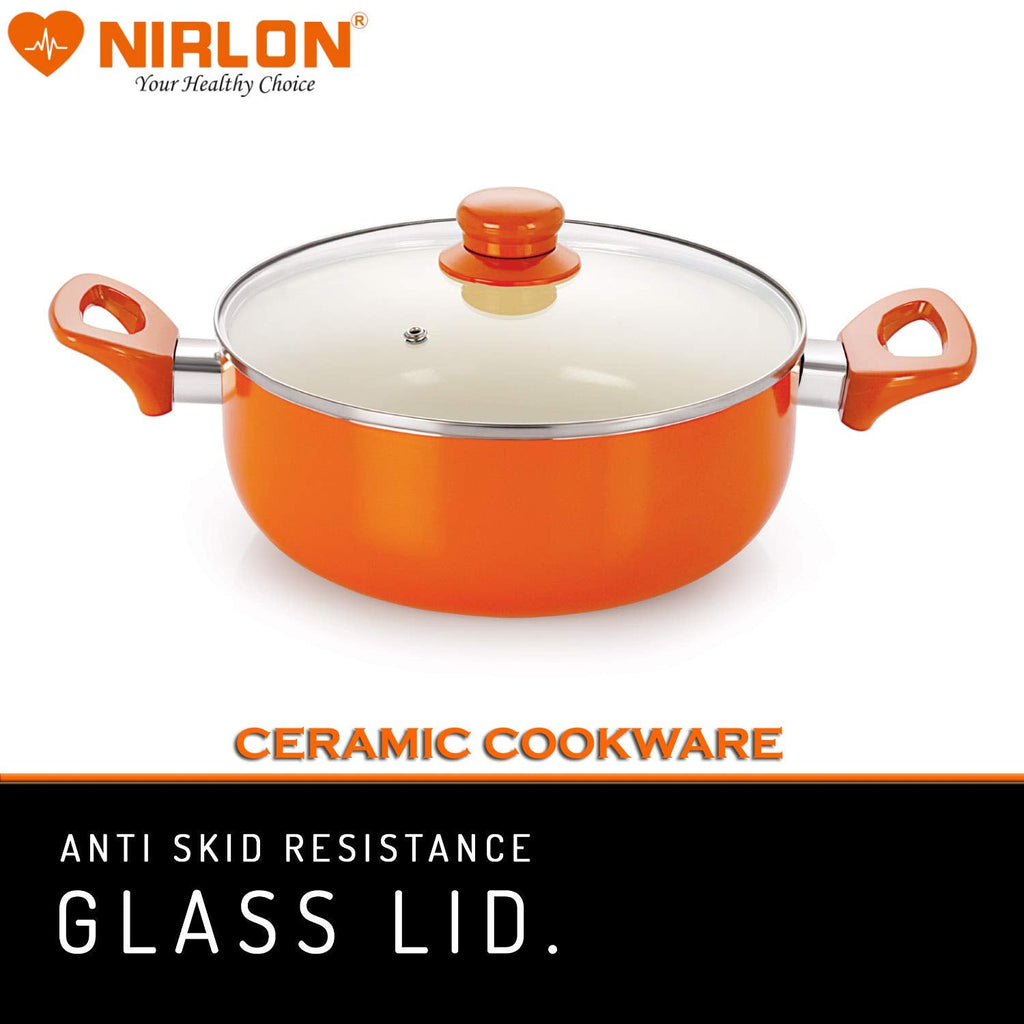 Nirlon Aluminium Non-stick Pfoa Free Casserole With Tempered Glass Lid | 2.1 Liter Orange