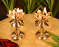 Collectible India Set of 2 Brass Diya for Puja Diya for Diwali - Lotus Shape Pillar Diya Stand Oil Lamp -3.8 Inch