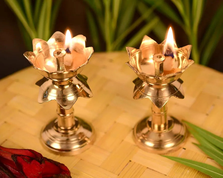 Collectible India Set of 2 Brass Diya for Puja Diya for Diwali - Lotus Shape Pillar Diya Stand Oil Lamp -3.8 Inch