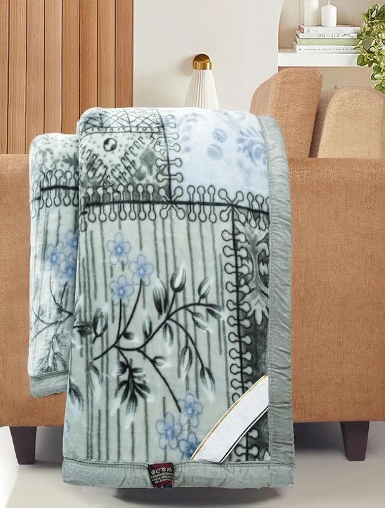 Homekart Super Soft Cloudy Printed Double Bed Blanket for Heavy Winter Single Ply Mink Blanket King Size TC 400 Grey & Blue