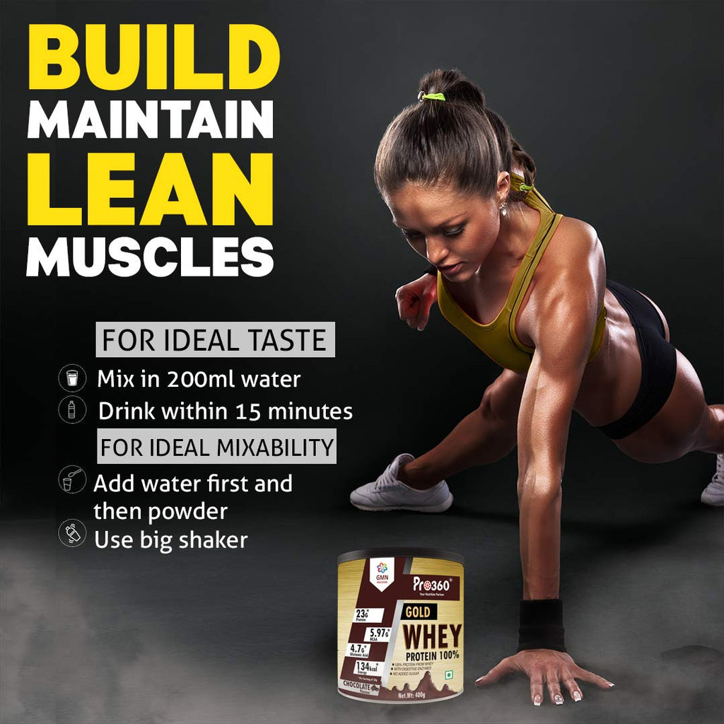 Pro360 Gold Whey Protein - Chocolate - (100% Whey Protein with Digestive Enzymes, 23g Protein, 5.97g BCAA, 4.7g Glutamic Acid per Serving) (400g pack)