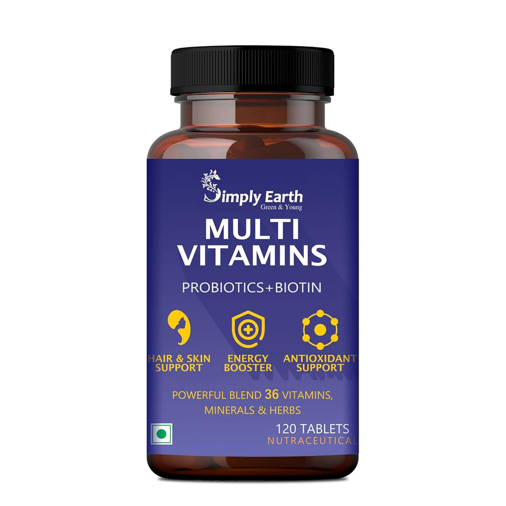 Simply Earth Multivitamin For Men & Women (120 Tablets) With 7 Vital Blends and 36 Nutrients - Probiotics Vitamin C, Zinc & Biotin