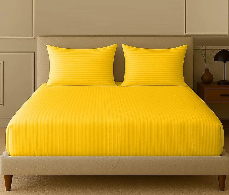 Trance Home Linen 100% Cotton 78x72 inch King Fitted 200TC Satin Stripe Elastic Fitted Bedsheet with 2 Pillow Covers Colour Golden Yellow