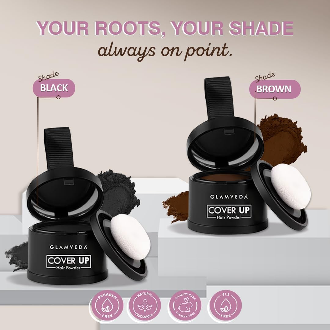 Glamveda Cover-Up Hair Powder - Brown | Covers Grey Roots & Bald Spots Instantly | Root Touch Up | Highly Pigmented, Fuller & Denser Look | Long-Lasting | Matte Finish | Fine Powder | Natural Look 4g