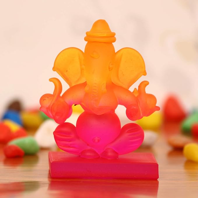 Ecraftindia Pink and Orange Double Sided Crystal Car Ganesha Showpiece
