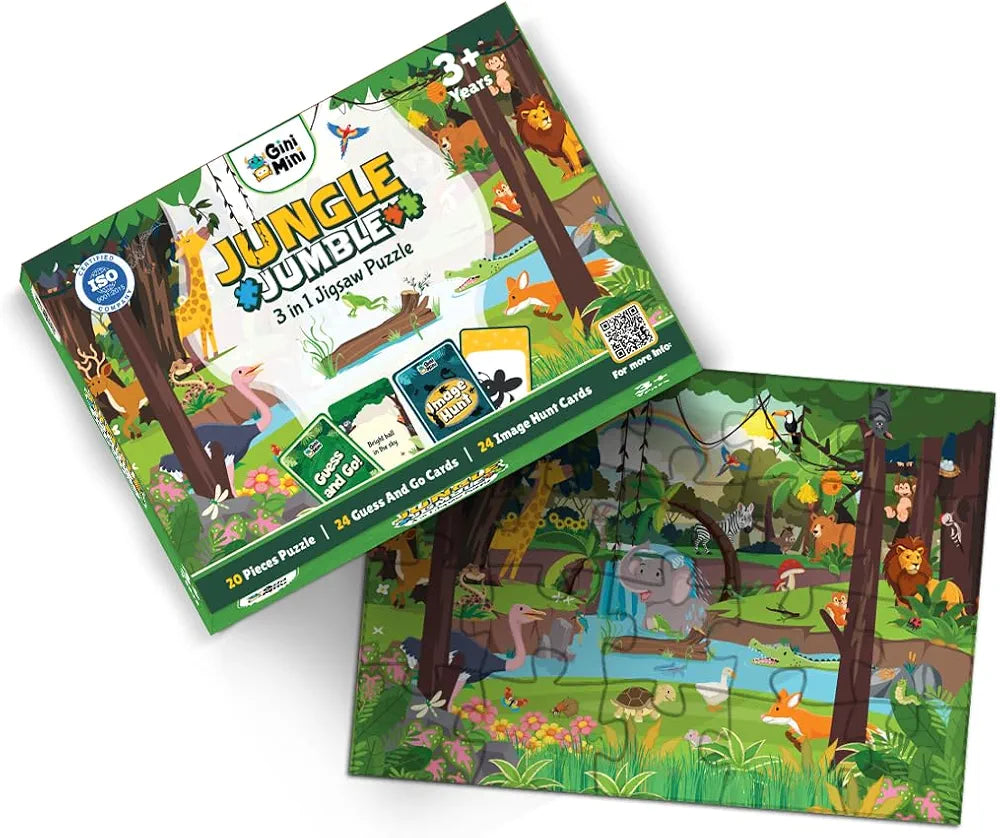 GiniMini Jungle Jumble 3-in-1 Jigsaw Puzzle - 20 Pieces, Image Hunt & Guess & Go Cards - Fine Motor, Cognitive, Vocabulary Skills for Kids 3+ Years