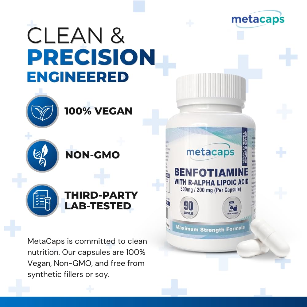 MetaCaps Benfotiamine 300mg + R-Alpha Lipoic Acid 200mg â€“ 90 Veg Capsules | Maximum Strength Nerve Support Formula | Superior Fat-Soluble B1 & Bio-Active R-ALA | Supports Healthy Blood Sugar & Nerve Function | Vegan & Non-GMO
