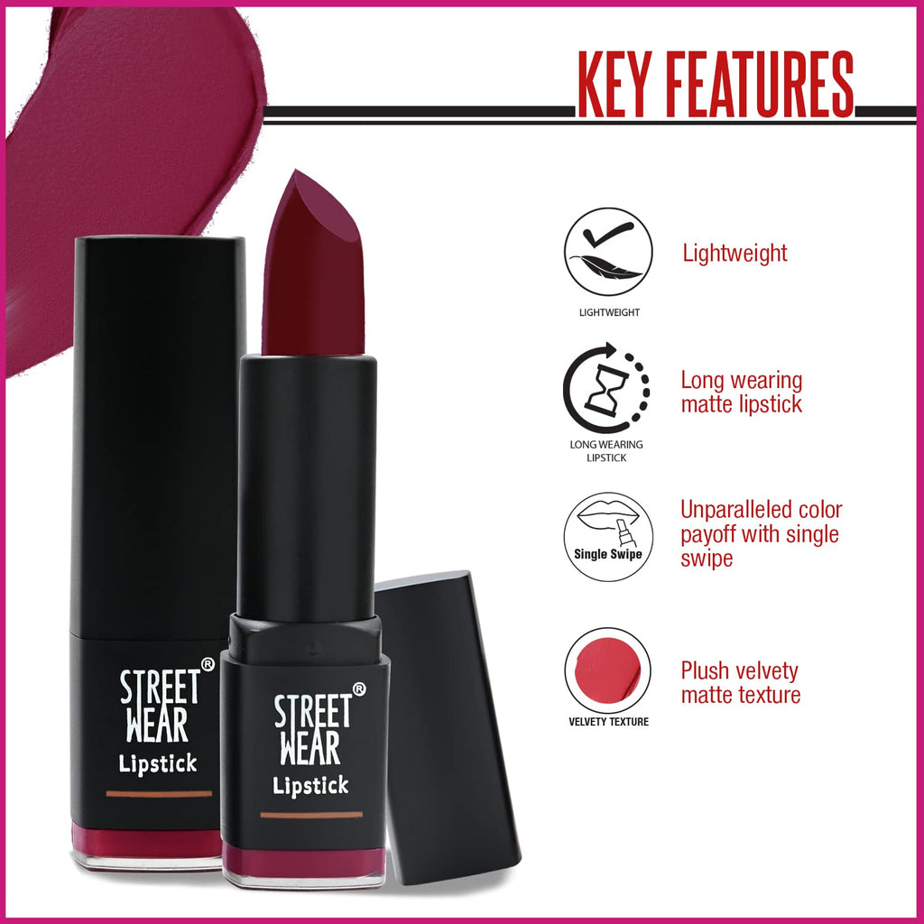 STREET WEAR Matte Lipstick -BRICK BROWN (Brown) - 4.2 gms -Longwear, Velvety texture, Fade-resistant, High Color payoff, Lightweight Matte Lipstick, Plant-based Canuuba wax, Paraben-free