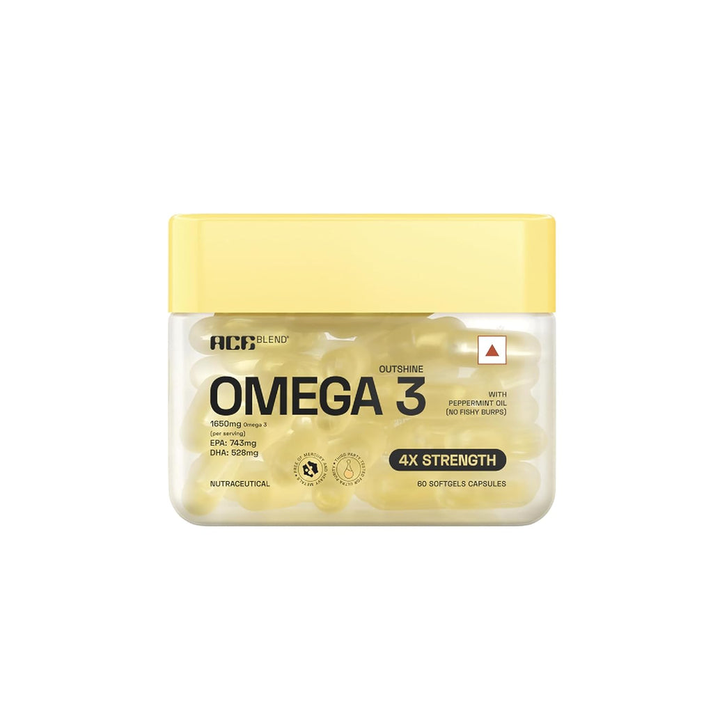 Ace Blend Outshine Omega 3 Fish Oil Capsules (60 Softgels) | 1650 Mg with 743 EPA & 528 DHA | 2 capsules for 4X Strength | No Fishy Burps | Supports Heart, Brain, Joints, Eye Health