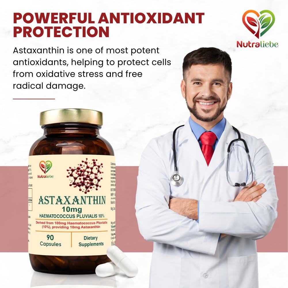 Nutraliebe Astaxanthin 10mg Capsules, Derived from Haematococcus Pluvialis 10%, 90 Non-GMO Capsules