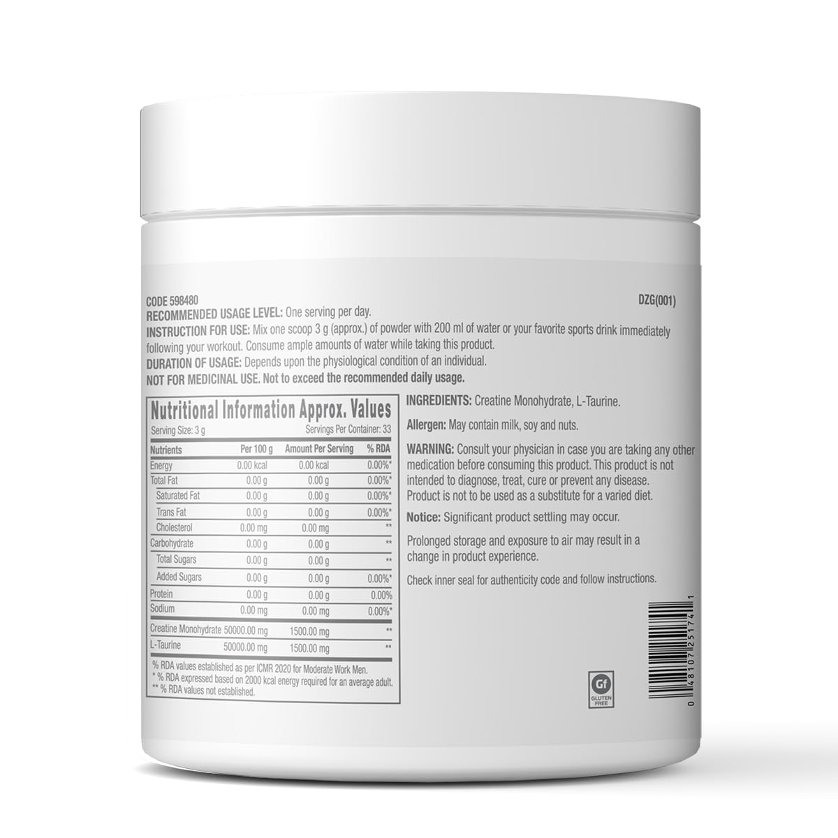 GNC Pure Micronized Creatine Monohydrate + Taurine | 100 gm | 33 Serving | Unflavoured | Instantized | Fuels Muscles | Increase Muscle Mass | Rapid Absorption | Faster Muscle Building| Lab Tested | Faster Muscle Recovery| Boost Performance | Imported