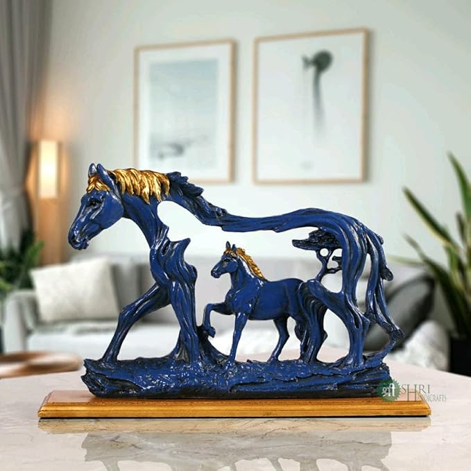 Indicast 8" Inch Handmade Horse Statue With Baby Horse Stone Finish Animal Figurines Gifts Antique Design | Blue
