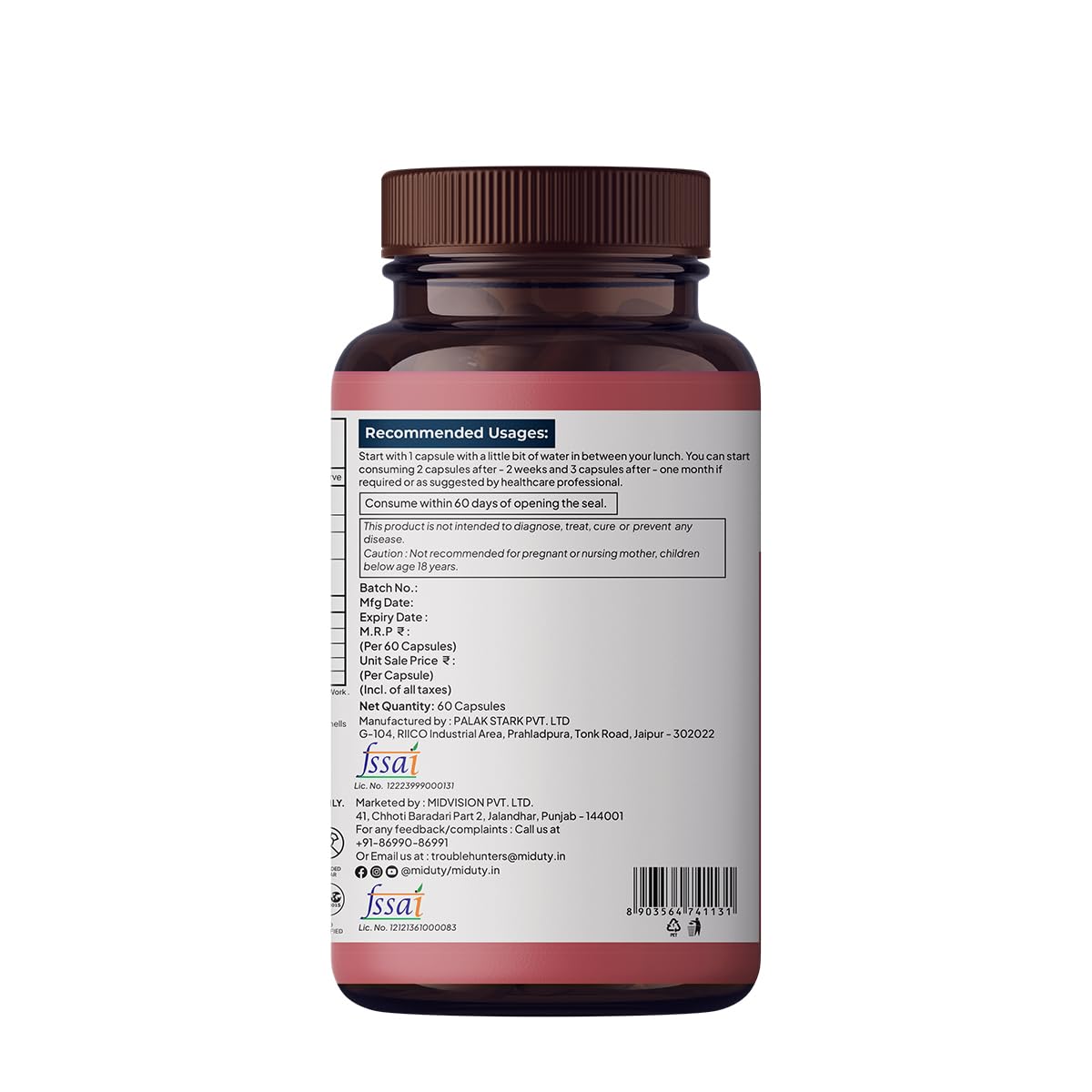 Miduty by Palak Notes Betaine HCL + Pepsin, Betaine HCL Pepsin Capsules Pepsin for Digestion Acidity & Indigestion Betaine HCL Supplement - 60 Capsules